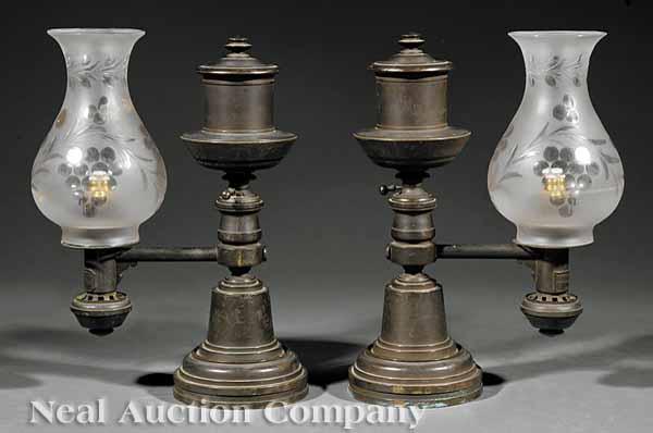 Appraisal: A Pair of English Patinated Bronze Single-Arm Argand Lamps c