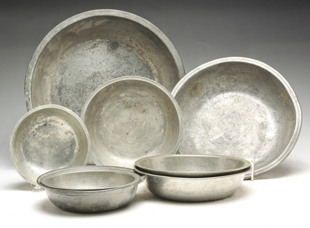 Appraisal: EIGHT AMERICAN PEWTER BASINS Late th- th century Unmarked Varying