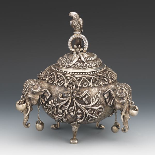 Appraisal: IMPRESSIVE STERLING SILVER ELEPHANT AND PARROT CENTERPIECE LIDDED TRIPOD BOX