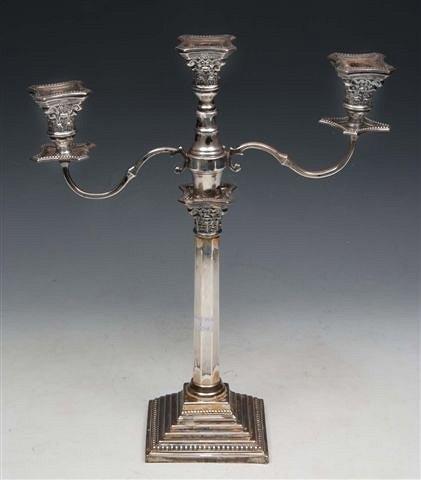 Appraisal: A SILVER THREE BRANCH CANDELABRUM on a square stepped base