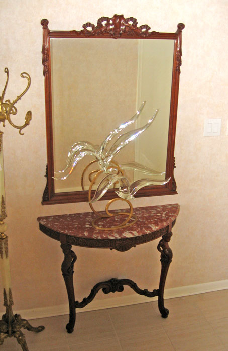 Appraisal: CARVED MAHOGANY MARBLE TOP FOYER TABLE WITH MIRROR Carved figural