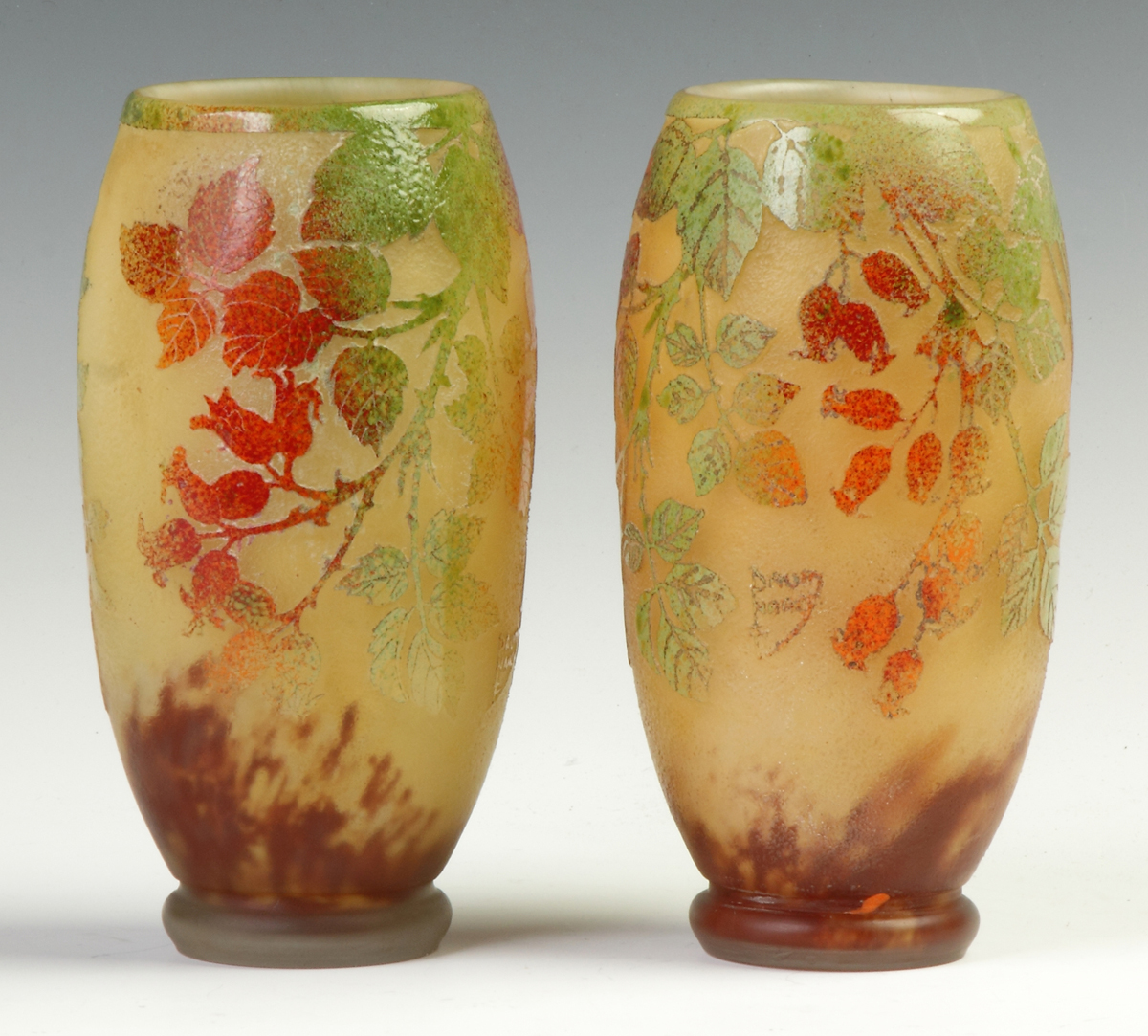 Appraisal: Pair of Daum Nancy Vases with Flowers Autumn Leaves Early