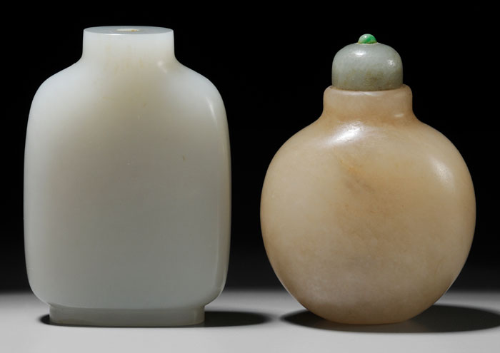 Appraisal: Two Jade Snuff Bottles Qing Dynasty one white flattened rounded