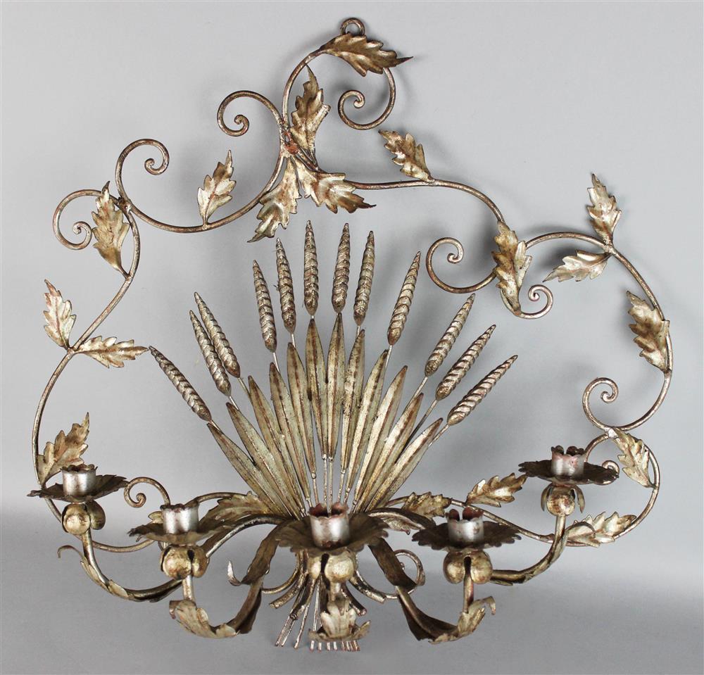 Appraisal: SILVERED METAL LARGE WALL LIGHT with five lights on scrolled