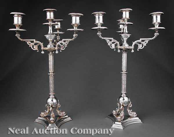 Appraisal: A Pair of Antique English Silverplate Four-Light Candelabra th c