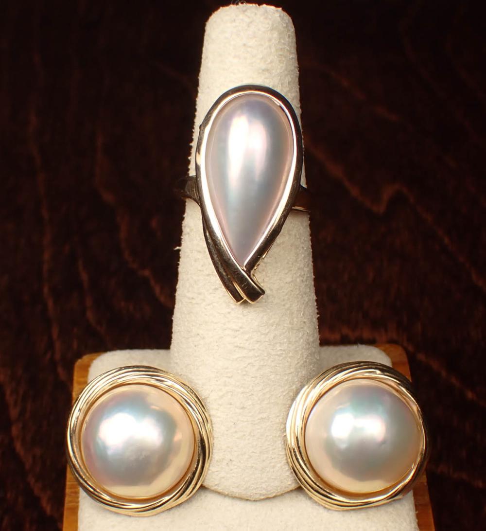 Appraisal: MABE PEARL RING AND PAIR OF EARRINGS including a k