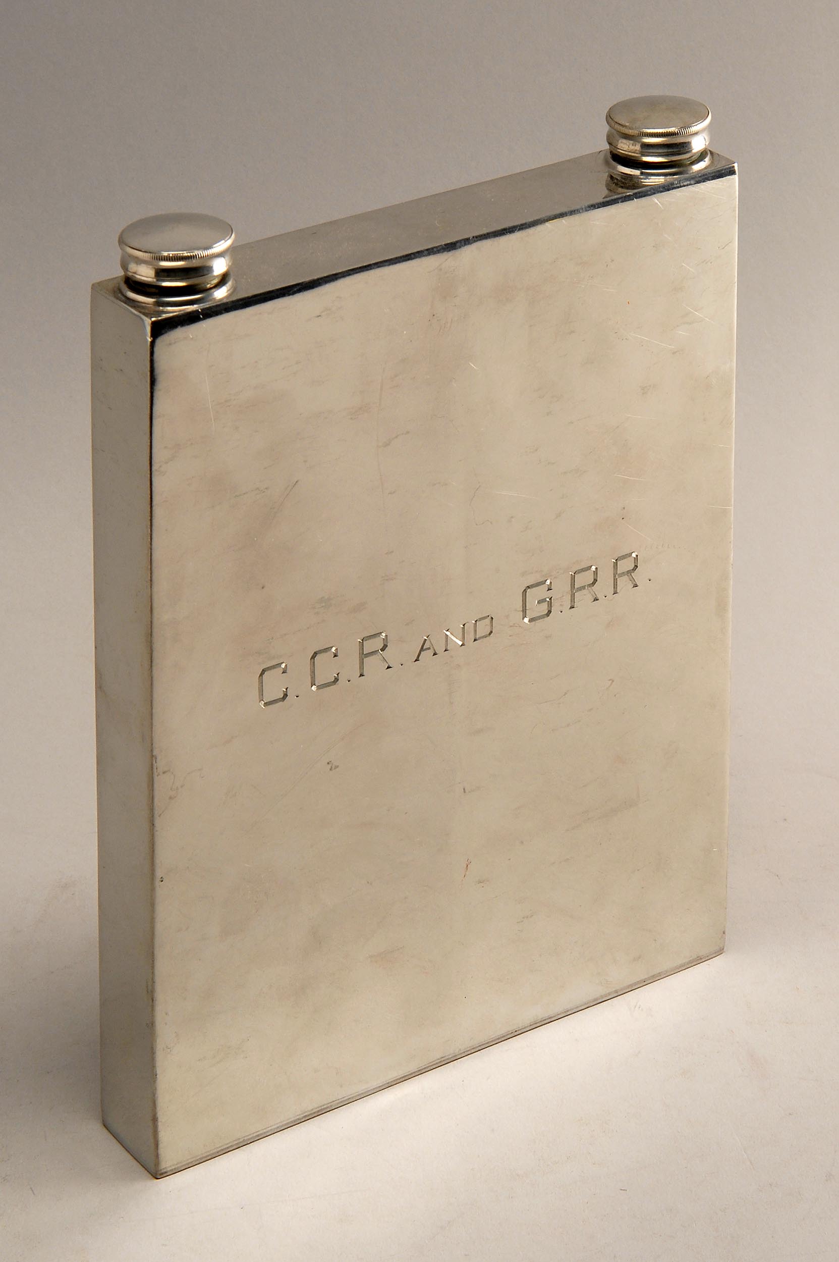 Appraisal: ENGLISH SILVER PLATED DOUBLE FLASK in rectangular form Made for