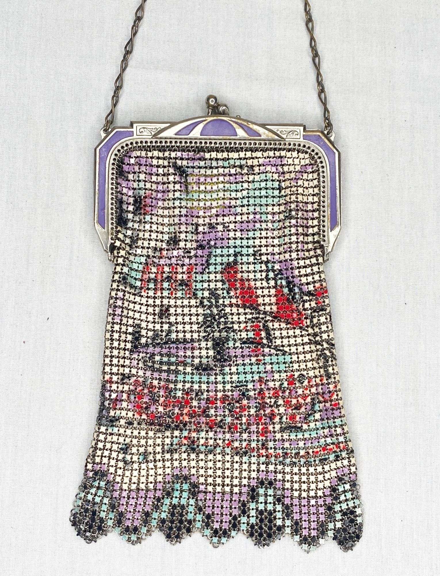 Appraisal: Art Deco Whiting and Davis Enameled Mesh Hand Bag long