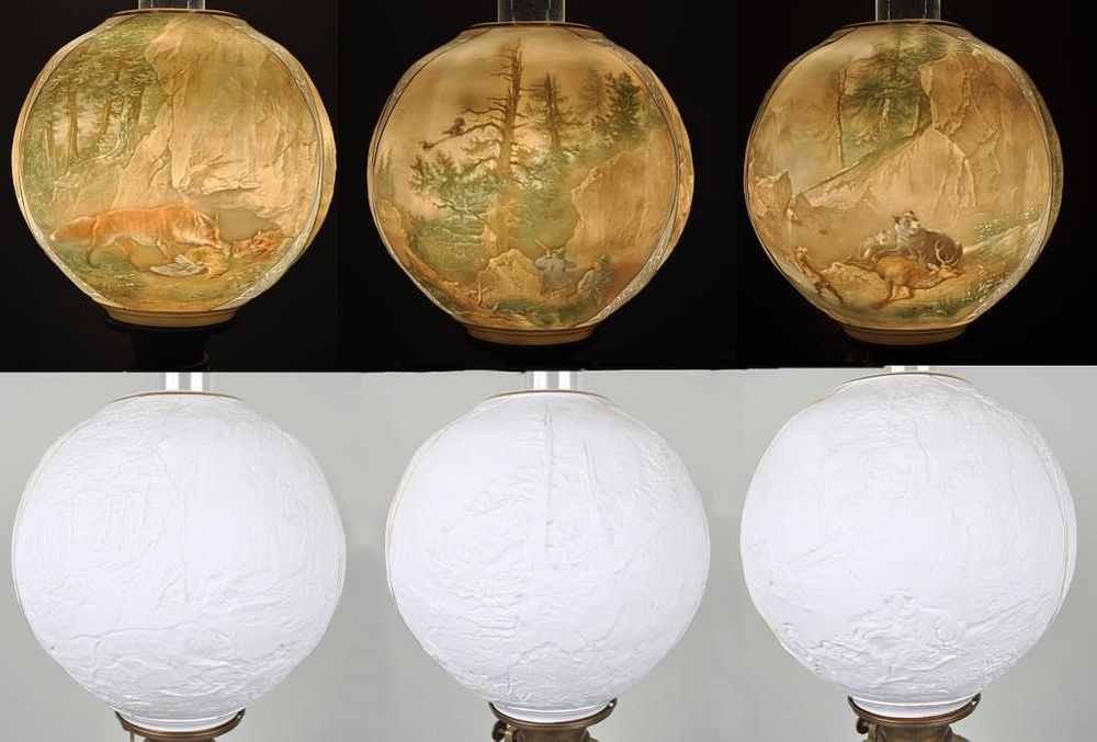 Appraisal: Floor Oil Lamp with Rare Lithophane Globe featuring pastoral hunting