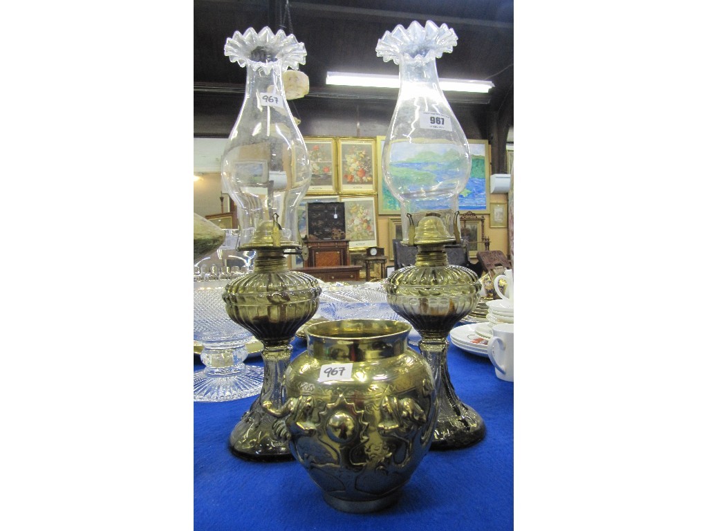 Appraisal: Chinese brass dragon decorated vase and a pair of glass