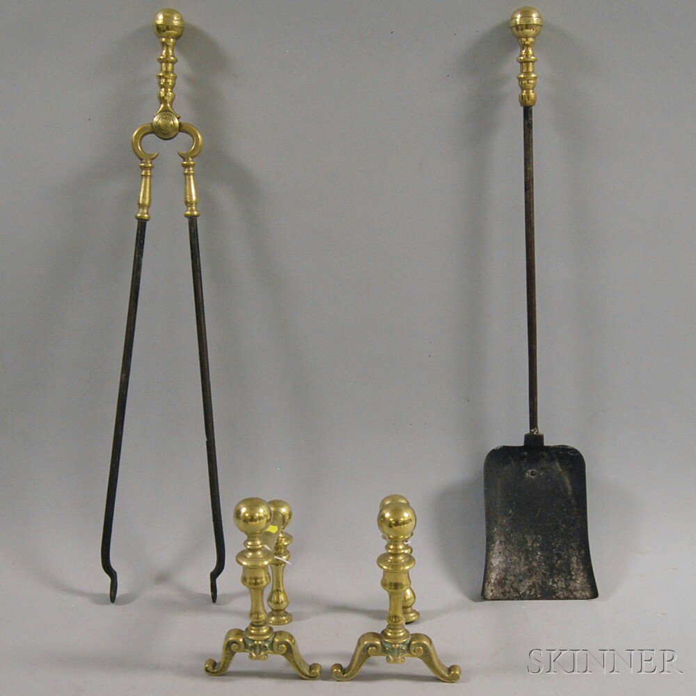 Appraisal: Small Brass Ball-top Andirons and a Pair of Fireplace Tools