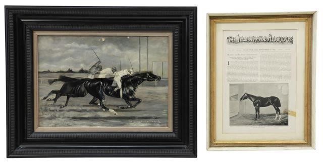 Appraisal: lot of Framed horse racing art including grisaille oil on