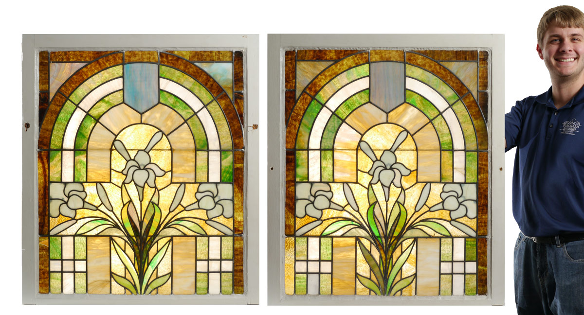 Appraisal: PAIR OF FRAMED STAINED GLASS PANELS Arched interior sections with