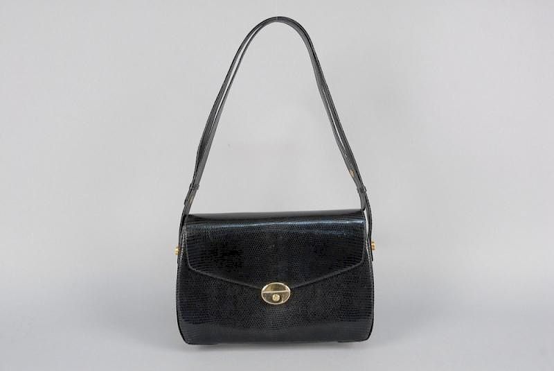 Appraisal: GUCCI LIZARD CROSS-BODY BAG Black envelope style with logo clasp