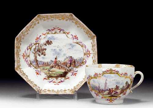 Appraisal: CUP AND SAUCER Meissen circa - Painted with hunting and