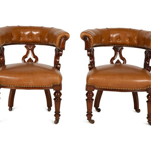 Appraisal: A Pair of William IV Style Leather-Upholstered Mahogany Armchairs th