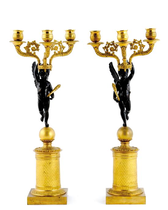 Appraisal: Pair French parcel-gilt bronze candelabra late th century three-scrolling cornucopia