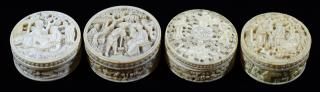 Appraisal: Four Highly Carved Ivory Whist Counter Boxes Circa Including one