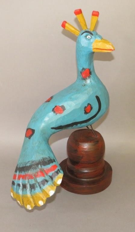 Appraisal: LARGE FOLK ART CARVED PAINTED PEACOCK ON TURNEDca dated unusual