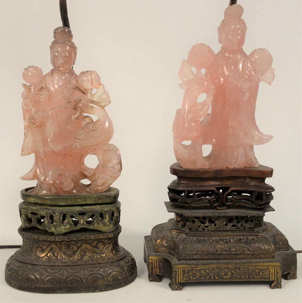 Appraisal: Two Chinese Rose Quartz Figures carved Guanyin with phoenix birds