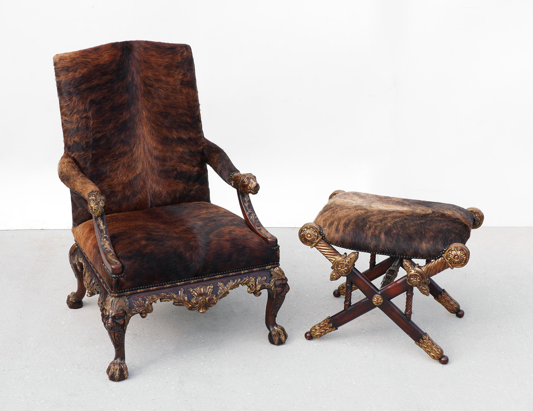 Appraisal: THEODORE ALEXANDER COW HIDE CARVED CHAIR OTTOMAN Brown brindle cow