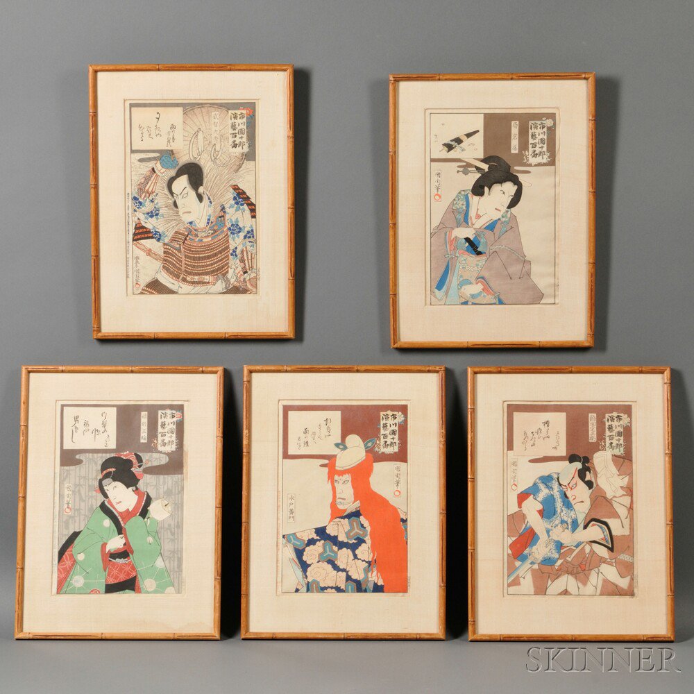 Appraisal: Five Woodblock Portraits Japan Kunichika - depicting Kabuki actors from