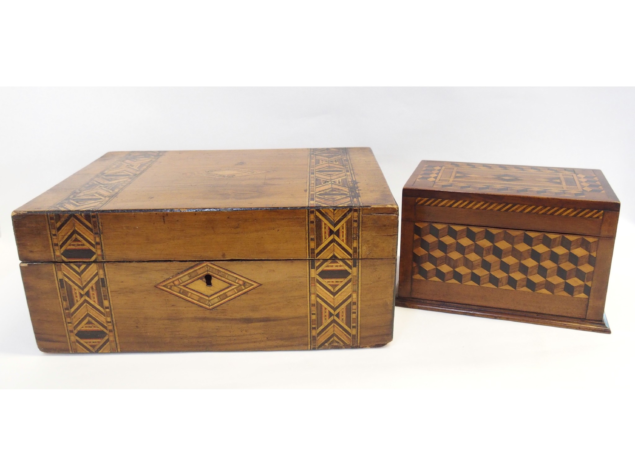 Appraisal: A Tunbridgware box another smaller and a mahogany parquetry table