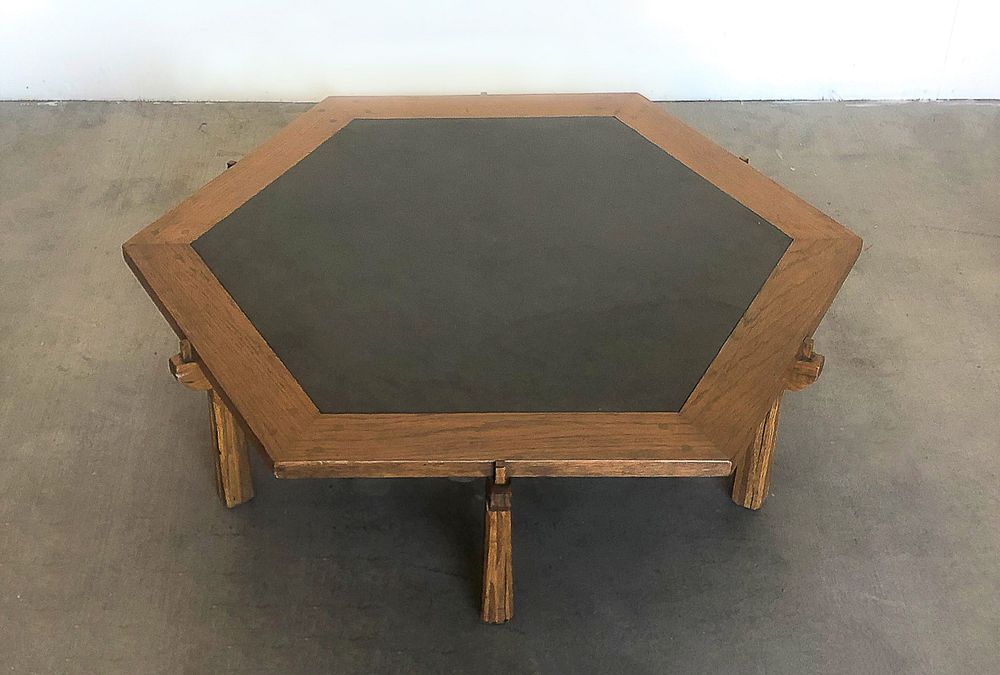 Appraisal: American Hexagonal Slate Top Oak Table American Hexagonal Slate Top