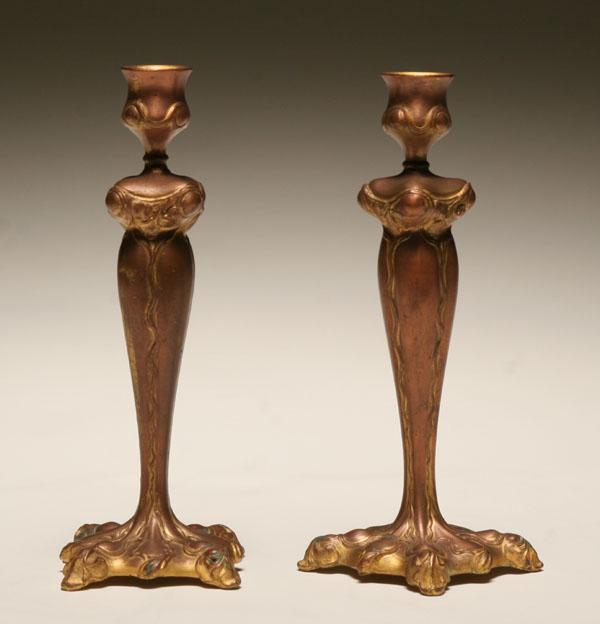 Appraisal: Pair Art Nouveau gilt bronze candlesticks with copper wash detail