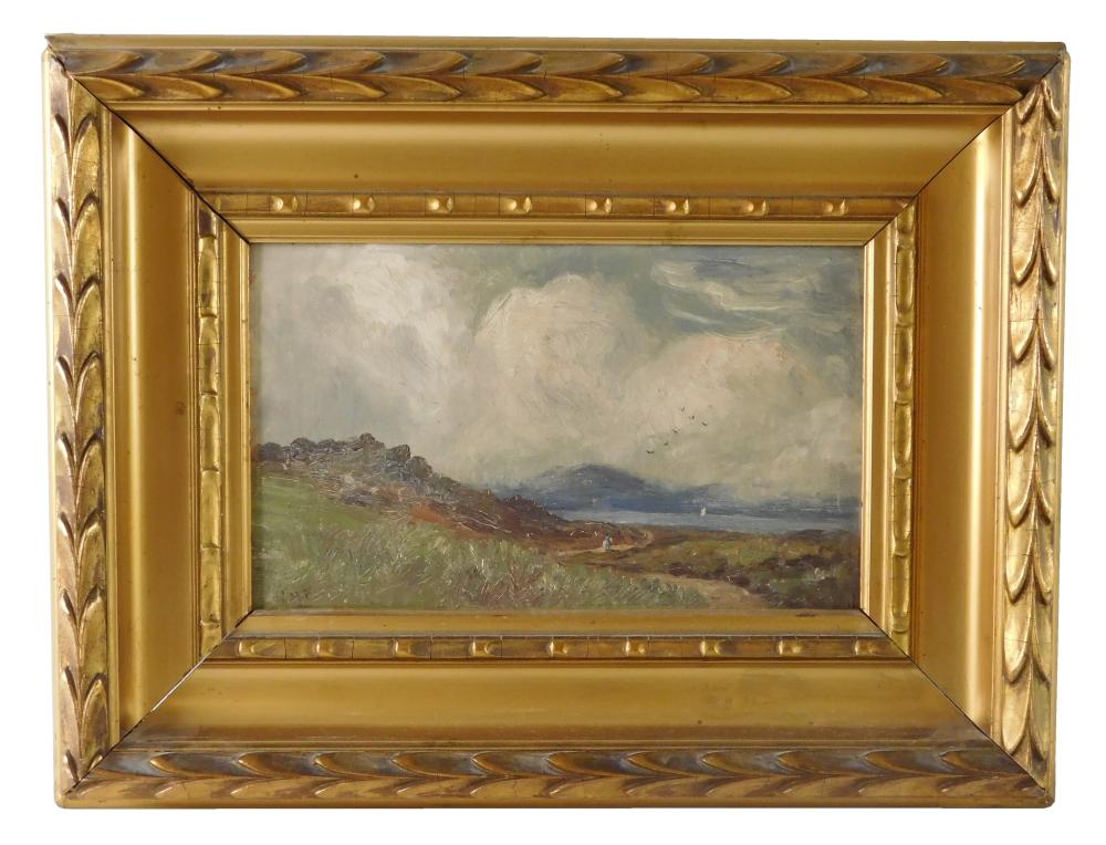 Appraisal: th C oil on wood panel Scottish landscape with hill