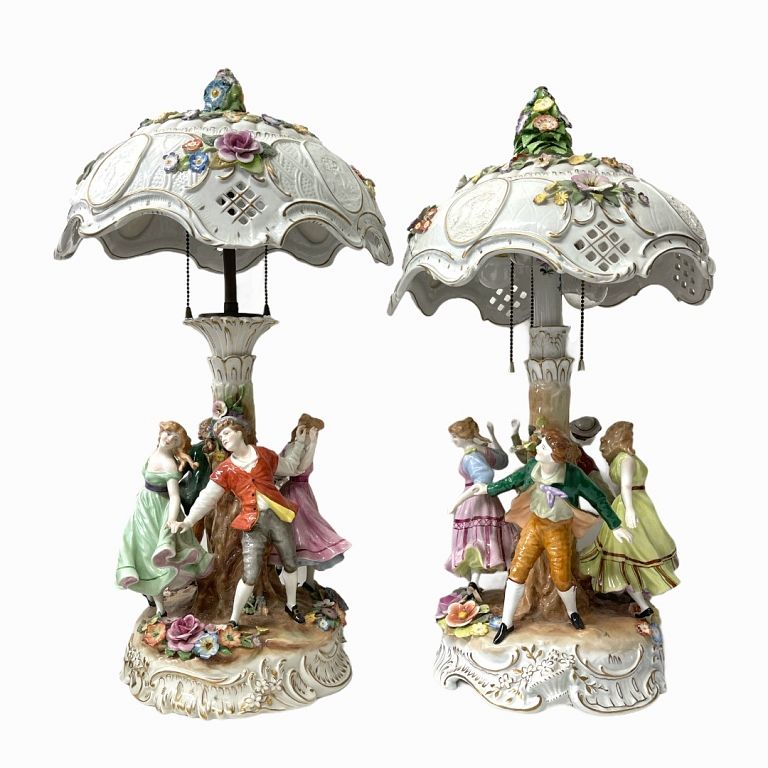 Appraisal: Pair of Dresden Lamps Dresden Porcelain Figural Table Lamps with