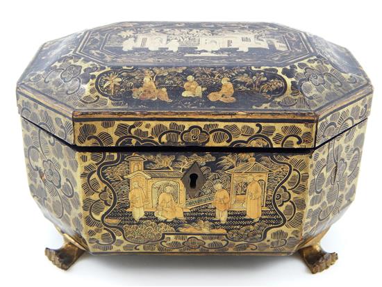 Appraisal: ASIAN Chinese Export tea caddy c - gilt-decorated black lacquer