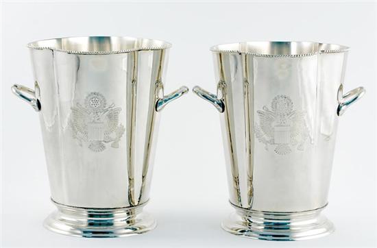 Appraisal: Pair silverplate wine coolers cloverleaf form engraving with eagle clutching