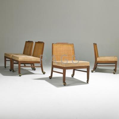 Appraisal: JOHN McDOUGAL DREXEL Four lounge chairs USA s Walnut cane