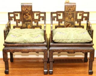 Appraisal: CHINESE BLACK LACQUER ARM CHAIRS PAIR CHINESE BLACK LACQUER ARM