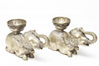 Appraisal: Asian Elephant Candle Holders Silver Kneeling elephant-form candle holders possibly