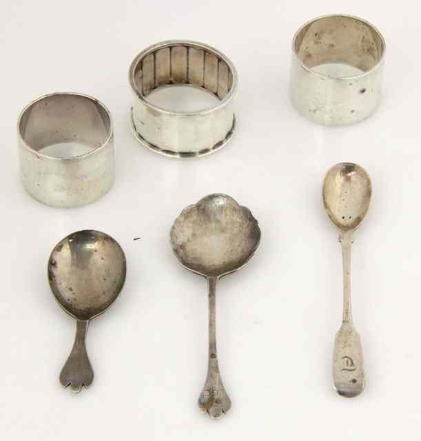 Appraisal: Three silver napkin rings and three spoons various approximately gm