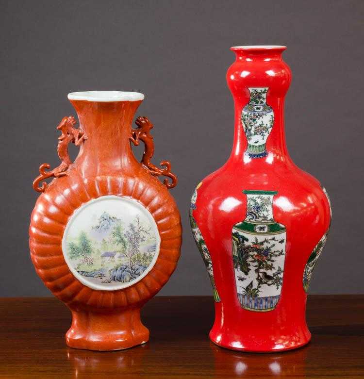 Appraisal: TWO CHINESE PORCELAIN VASES the larger baluster form with long