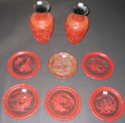 Appraisal: COLLECTION OF EIGHT PIECES CHINESE CARVED RED CINNABAR pair of