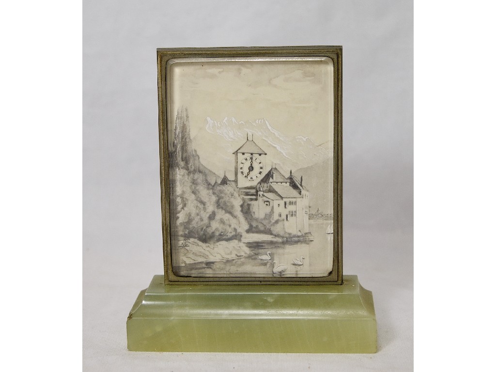 Appraisal: Art Deco desk clock with painted and printed lake scene