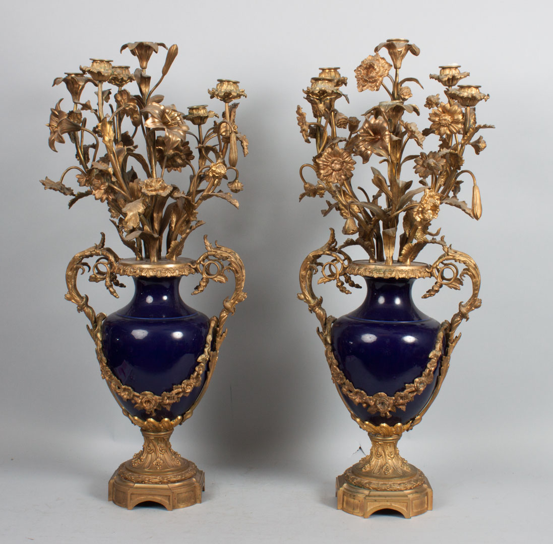 Appraisal: Pair of Napoleon III bleu du roi candelabra fourth quarter-