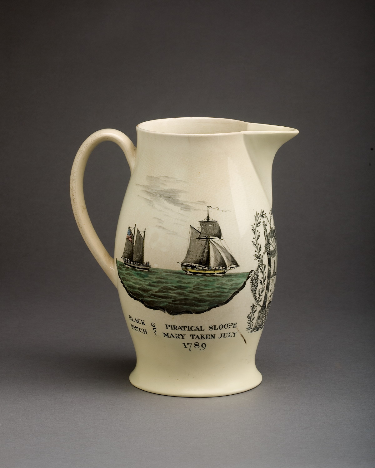 Appraisal: ENGLISH CREAMWARE ENAMEL-DECORATED AND BLACK TRANSFER-PRINTED JUG PROBABLY LIVERPOOL CIRCA