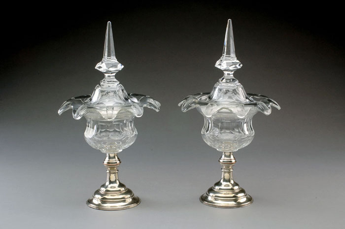 Appraisal: PAIR OF ENGLISH CUT GLASS AND SHEFFIELD PLATE SWEETMEAT JARS