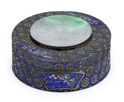 Appraisal: Chinese jadeite mounted and enamel white metal box th century