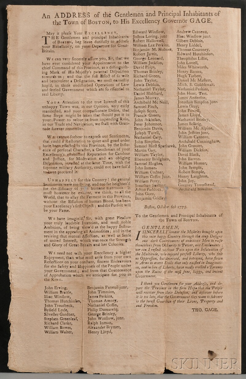 Appraisal: Broadside Revolutionary War Gage Thomas - Broadside printed with three