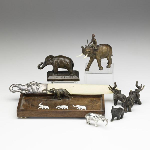 Appraisal: Seven elephant decorated items th C Tray with attached bronze