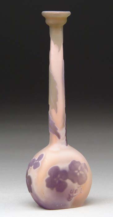 Appraisal: GALLE VASE Banjo-form vase with lavender and olive hydrangea flowers