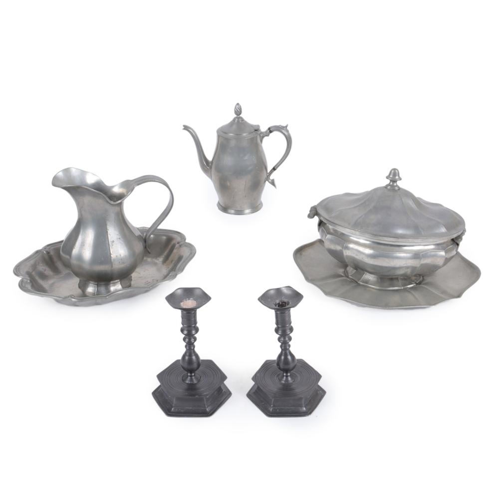 Appraisal: PEWTER TABLEWARE AND SERVING PC PITCHER TEAPOT COVERED DISH WITH