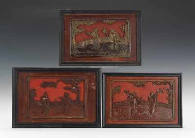 Appraisal: Three Vintage Chinese Carved Wood Panels Carved wood relief panels