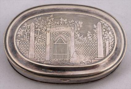 Appraisal: AMERICAN ENGRAVED SILVER-PLATED OVAL TOBACCO BOX TOMB OF WASHINGTON With